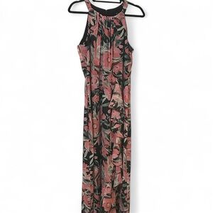 NWT Beautiful Floral Pink and Black Maxi Dress w/ Dramatic Front Ruffle
